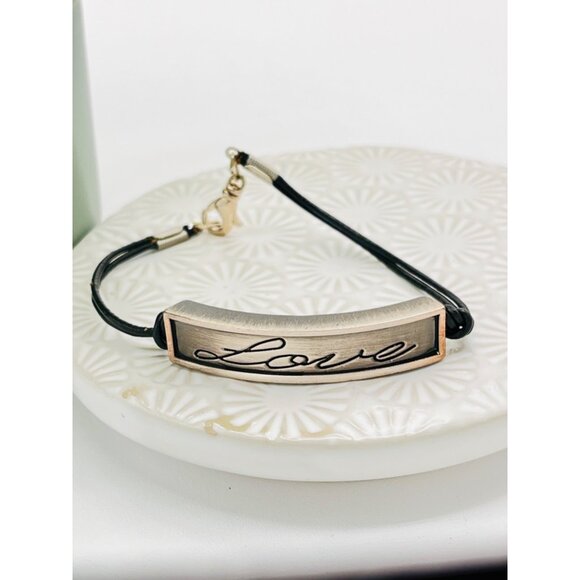 Silver Bar "Love" Charm Bracelet With 2 mm Black Leather Cord NEW - Picture 1 of 6